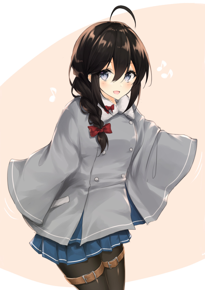 1girl :d absurdres ahoge bangs black_hair blue_eyes blue_skirt blush bow braid brown_background brown_legwear commentary_request cosplay cowboy_shot eighth_note etorofu_(kantai_collection) etorofu_(kantai_collection)_(cosplay) eyebrows_visible_through_hair fur-trimmed_jacket fur_trim grey_jacket hair_between_eyes hair_bow hair_over_shoulder highres jacket kantai_collection long_hair long_sleeves looking_at_viewer musical_note open_mouth pantyhose pleated_skirt red_bow shigure_(kantai_collection) side_braid single_braid skirt sleeves_past_fingers sleeves_past_wrists smile solo thigh_strap two-tone_background uzuki_tsukuyo white_background wide_sleeves