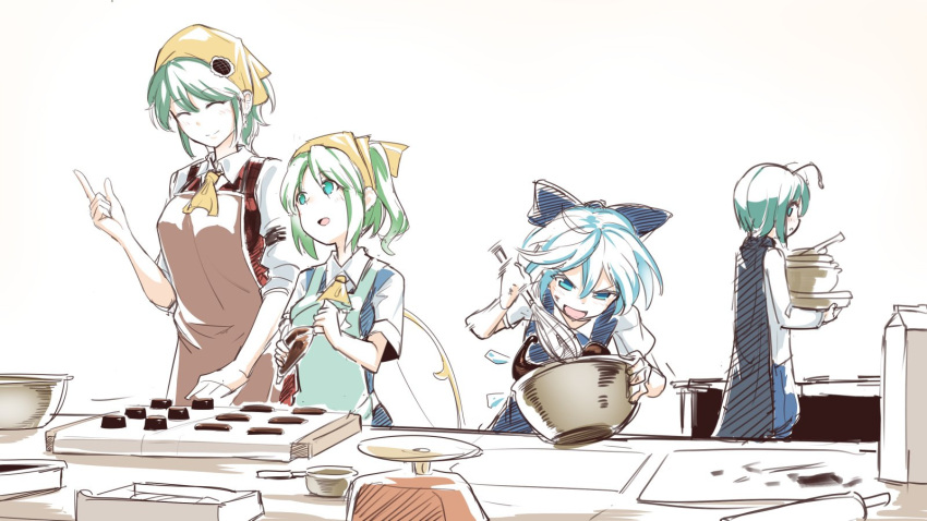 4girls :d ^_^ antennae apron ascot asutora bangs black_cape blue_bow blue_dress blue_eyes blue_hair blue_shorts blush bow bowl breasts brown_apron cape cirno closed_eyes closed_eyes commentary_request cowboy_shot daiyousei dress eyebrows_visible_through_hair fairy_wings green_apron green_eyes green_hair hair_between_eyes hair_bow hand_up head_scarf highres holding holding_bowl index_finger_raised kazami_yuuka long_sleeves looking_at_another measuring_cup medium_breasts mixing_bowl multiple_girls one_side_up open_mouth pinafore_dress plaid plaid_skirt plaid_vest red_skirt red_vest shirt short_hair short_sleeves shorts simple_background sketch skirt skirt_set smile standing touhou upper_body v-shaped_eyebrows vest weighing_scale whisk white_background white_shirt wings wriggle_nightbug yellow_neckwear
