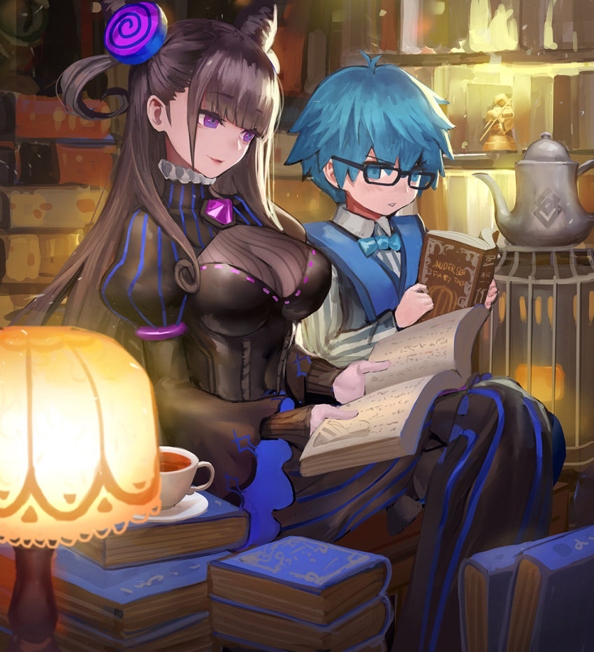 1boy 1girl bangs black_dress blue_eyes blue_hair bow bowtie breasts brown_hair danann double_bun dress eyebrows_visible_through_hair fate/extra fate/extra_ccc fate/grand_order fate_(series) frills glasses hair_between_eyes hair_ornament hans_christian_andersen_(fate) highres large_breasts long_hair long_sleeves looking_at_another male_focus murasaki_shikibu_(fate) puffy_sleeves smile two_side_up very_long_hair vest violet_eyes