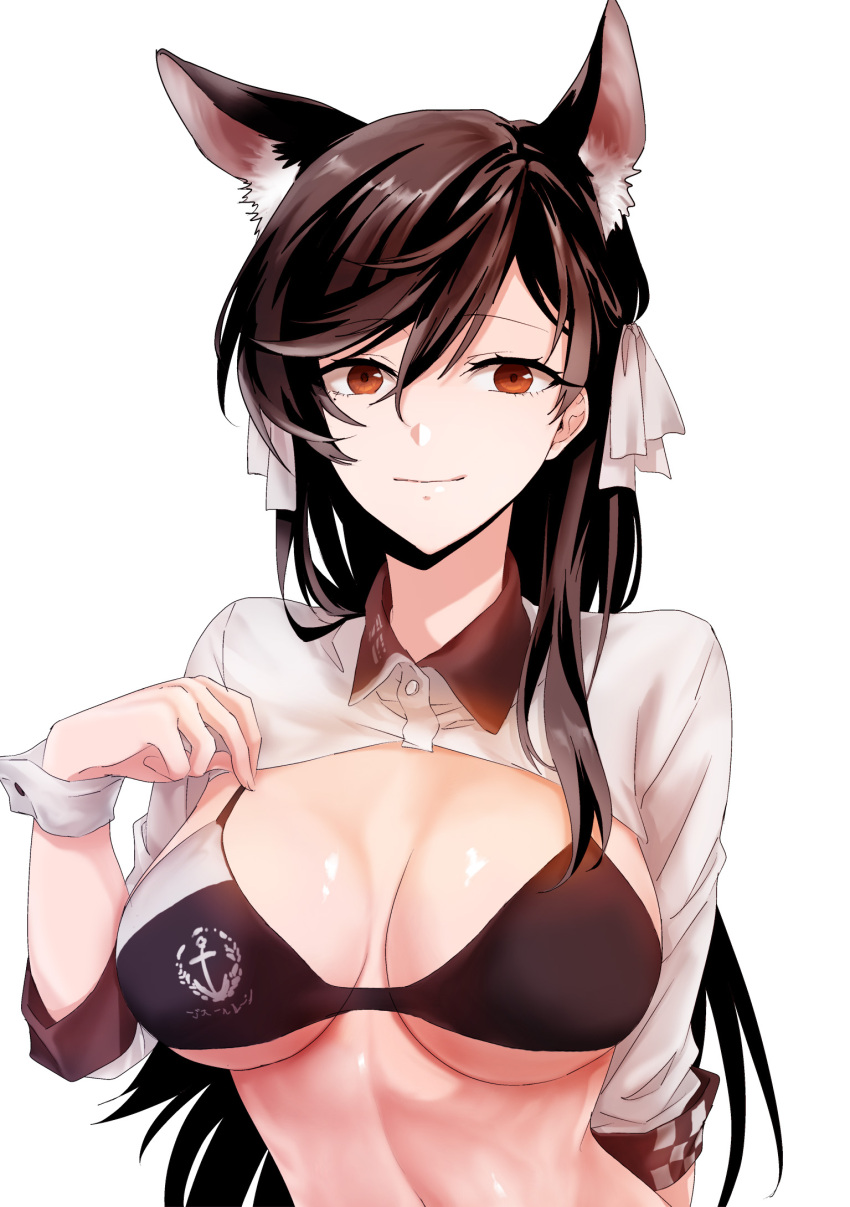1girl animal_ears atago_(azur_lane) azur_lane bangs black_hair bow bra breasts brown_eyes closed_mouth commentary extra_ears eyebrows_visible_through_hair highres large_breasts logo mole mole_under_eye racequeen ribbon shiny shiny_skin shrug smile solo suprii swept_bangs underwear upper_body white_background white_bow white_ribbon wrist_cuffs