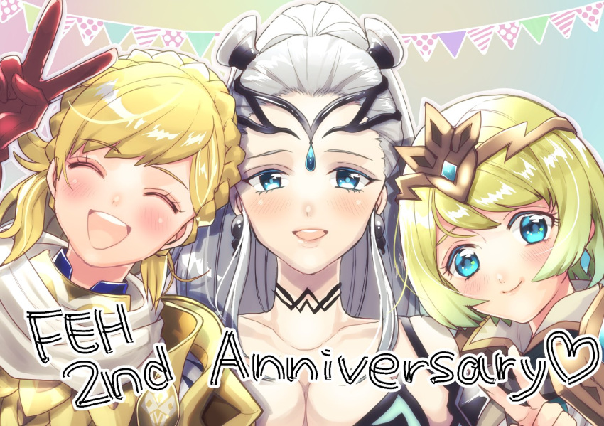 3girls anniversary armor blonde_hair blue_eyes braid breasts cleavage closed_eyes closed_mouth crown crown_braid earrings eir_(fire_emblem) fire_emblem fire_emblem_heroes fjorm_(fire_emblem_heroes) gloves hair_ornament hasebe_(17_feh) jewelry long_hair medium_breasts multiple_girls nintendo open_mouth sharena short_hair silver_hair smile v