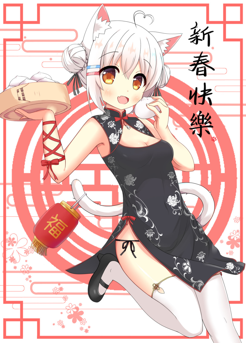 1girl :d ahoge animal_ear_fluff animal_ears bamboo_steamer bangs baozi black_dress black_footwear black_panties blush breasts brown_eyes cat_ears cat_girl cat_tail china_dress chinese chinese_clothes cleavage cleavage_cutout double_bun dress egasumi eyebrows_visible_through_hair fang fingernails food hair_between_eyes hair_ornament hair_ribbon hairclip heart_ahoge high_heels highres holding holding_food looking_at_viewer open_mouth original panties red_ribbon ribbon shoes side-tie_panties side_bun sidelocks silver_hair small_breasts smile solo standing standing_on_one_leg tail thigh-highs translated underwear white_legwear xiaosamiao