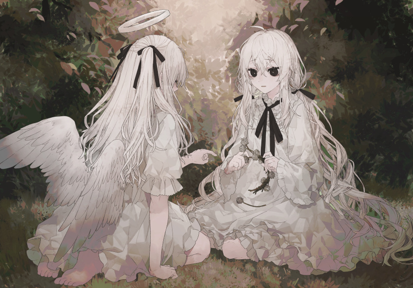 2girls absurdres ahoge angel angel_wings bangs barefoot black_eyes black_neckwear black_ribbon bush commentary_request denki_ryu dress feathered_wings frilled_sleeves frills hair_between_eyes hair_ribbon hairband halo highres holding long_hair long_sleeves multiple_girls neck_ribbon original outdoors parted_lips ribbon seiza short_sleeves silver_hair sitting two_side_up very_long_hair wavy_hair white_dress wide_sleeves wings