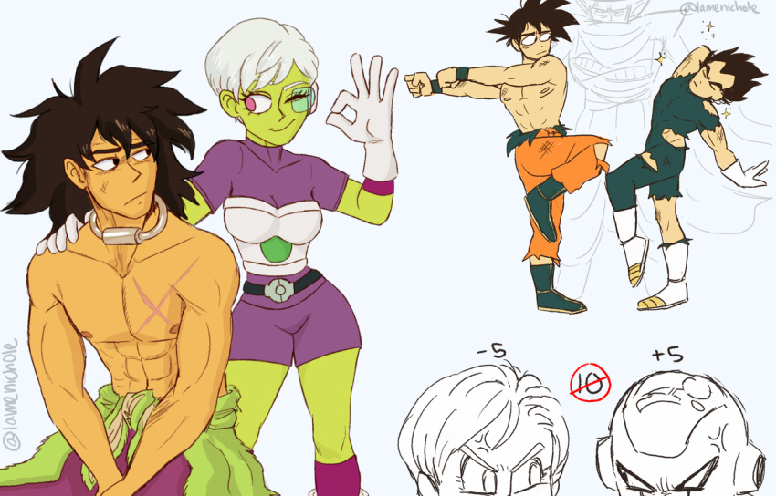 2girls 5boys anger_vein annoyed broly_(dragon_ball_super) bulma cheelai commentary dancing dragon_ball dragon_ball_super dragon_ball_super_broly english_commentary food frieza fruit fusion_dance leg_up multiple_boys multiple_girls outstretched_arms peachierue piccolo scar scouter shirtless simple_background son_gokuu sparkle twitter_username vegeta white_background