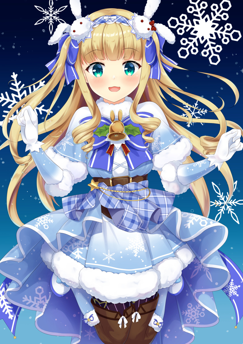 1girl :d absurdres bangs bell black_legwear blonde_hair blue_background blue_bow blue_capelet blue_footwear blue_neckwear blush bow bunny_hair_ornament capelet detached_sleeves eyebrows_visible_through_hair floating_hair fur-trimmed_boots fur-trimmed_capelet fur-trimmed_skirt fur-trimmed_sleeves fur_trim gloves gradient gradient_background green_eyes hair_bow hair_ornament hairband highres jumping kurumi_lm leg_up long_hair looking_at_viewer miniskirt mononobe_alice nijisanji open_mouth pleated_skirt print_capelet print_skirt shiny shiny_hair skirt smile snowflake_print snowflakes solo striped striped_legwear twintails vertical-striped_legwear vertical_stripes very_long_hair virtual_youtuber white_gloves