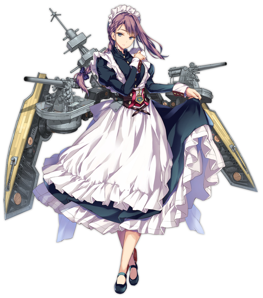 1girl apron azur_lane bangs black_footwear blue_eyes blush bow braid breasts cannon closed_mouth crossed_legs curlew_(azur_lane) dress dress_lift eyebrows_visible_through_hair frills full_body hair_bow highres index_finger_raised juliet_sleeves large_breasts legs_crossed lifted_by_self long_hair long_sleeves maid maid_headdress mary_janes moneti_(daifuku) official_art open_mouth puffy_sleeves purple_bow purple_hair rigging rudder_footwear shoes sidelocks single_braid sleeve_cuffs solo transparent_background turret watson_cross