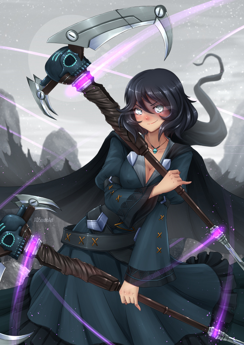 1girl adsouto black_hair blue_dress blush breasts broken_moon cleavage clouds cloudy_sky commentary dark_skin dress dual_wielding english_commentary eyebrows_visible_through_hair grey_eyes hair_ornament highres holding jewelry maria_calavera moon mountain open_mouth rock rwby scythe short_hair skull sky solo younger