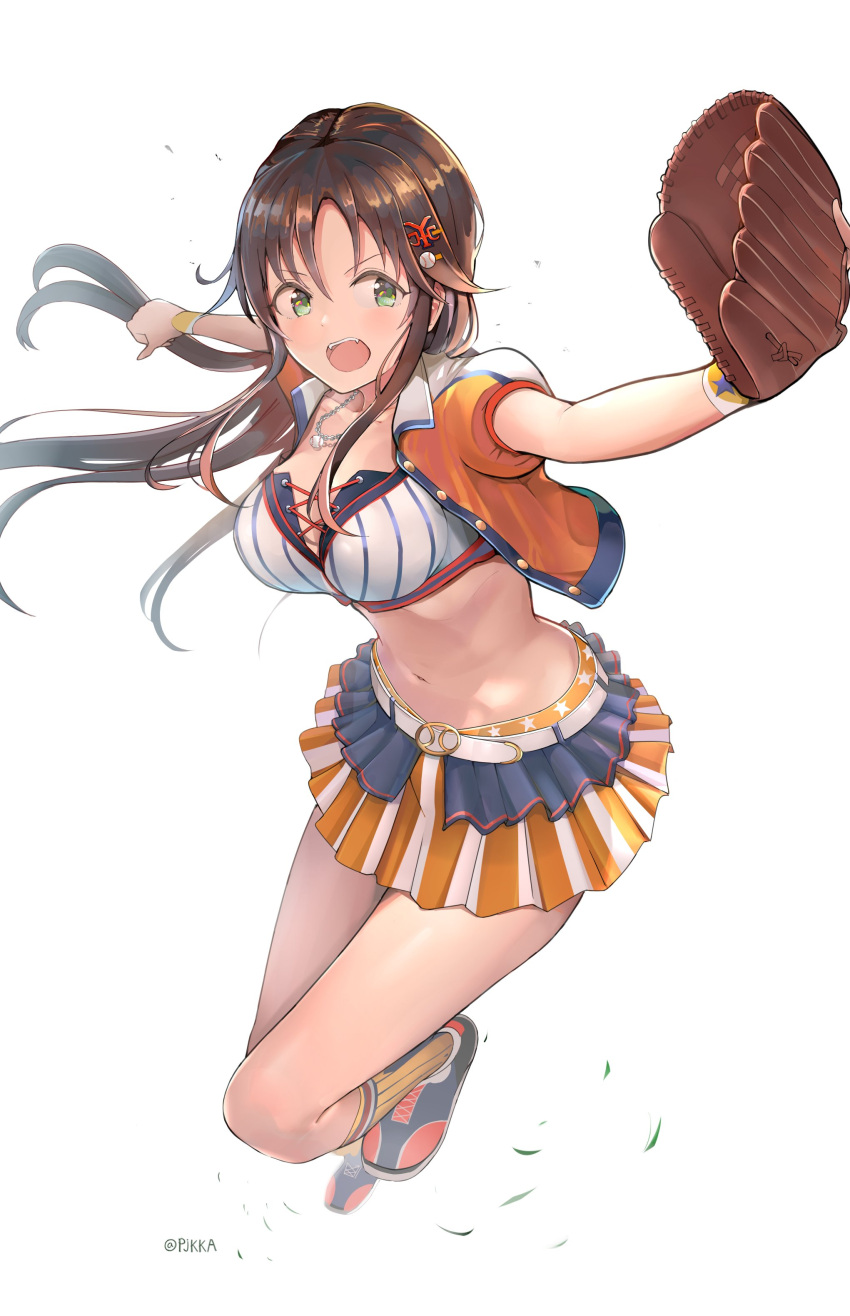 1girl absurdres baseball_glove belt belt_buckle breasts brown_hair buckle commentary_request cropped_jacket grass green_eyes hair_ornament hairclip hat highres himekawa_yuki idolmaster idolmaster_cinderella_girls idolmaster_cinderella_girls_starlight_stage jacket jewelry jumping lace-up_top large_breasts long_hair miniskirt navel necklace open_clothes open_jacket open_mouth pjkka pleated_skirt shoes skirt sneakers socks solo twitter_username white_background wristband