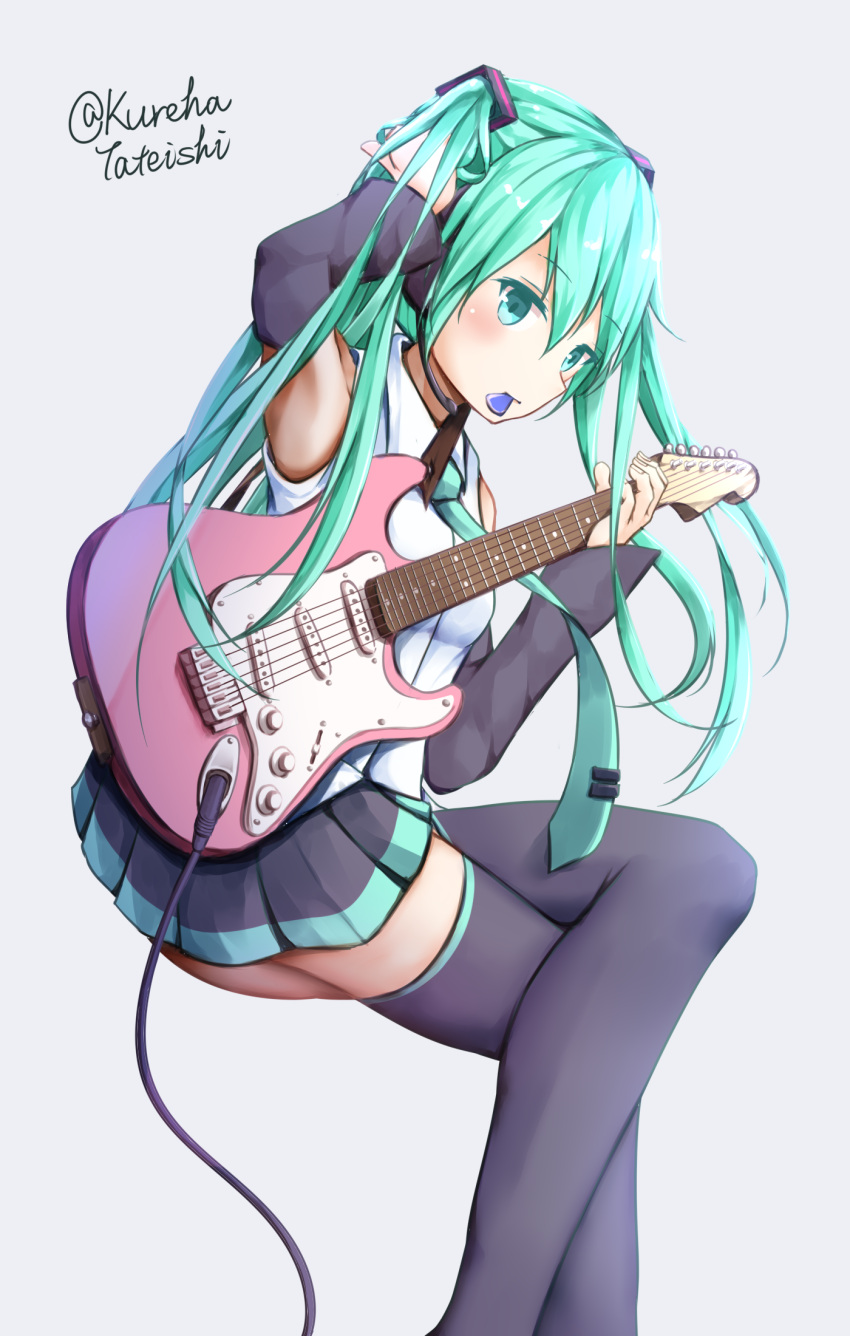 1girl arm_up ass black_legwear black_skirt black_sleeves breasts closed_mouth collared_shirt commentary_request detached_sleeves fingernails green_eyes green_hair green_neckwear grey_background guitar hair_ornament hamayuu_(litore) hand_in_hair hatsune_miku highres holding holding_instrument instrument legs_crossed long_hair long_sleeves looking_away mouth_hold necktie pleated_skirt plectrum shirt simple_background sitting skirt sleeveless sleeveless_shirt small_breasts solo thigh-highs tie_clip twintails twitter_username very_long_hair vocaloid white_shirt