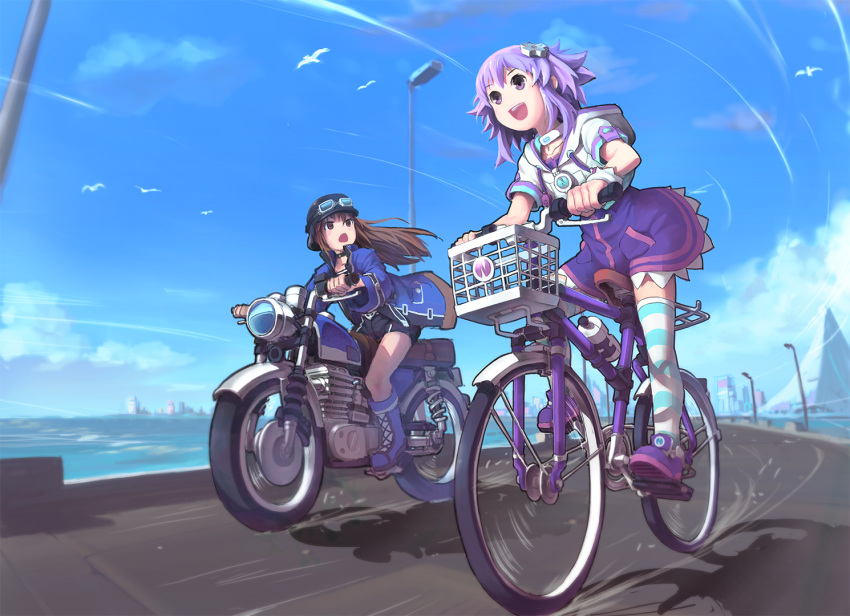 2girls :d alternate_eye_color bangs bicycle bird black_choker black_shorts blue_footwear blue_jacket blue_legwear blue_sky boots brown_eyes brown_hair choker city clouds collarbone commentary_request d-pad d-pad_hair_ornament day drawstring dress eyebrows_visible_through_hair full_body goggles goggles_on_headwear ground_vehicle hair_ornament helmet hood hoodie if_(neptune_series) jacket lamppost long_hair looking_at_another motor_vehicle motorcycle motorcycle_helmet multiple_girls neptune_(neptune_series) neptune_(series) open_clothes open_jacket open_mouth outdoors purple_dress purple_footwear purple_hair segamark shadow shoes short_shorts short_sleeves shorts sidelocks sky smile sneakers striped striped_legwear thigh-highs thighs violet_eyes water white_choker white_hoodie white_legwear zettai_ryouiki