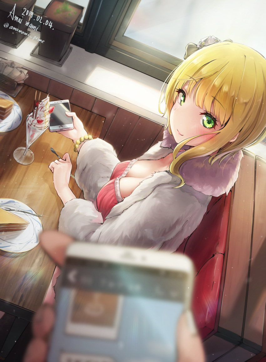 1girl amamami_prime artist_name bead_bracelet beads blonde_hair blurry_foreground bracelet breasts cake cellphone cleavage dated food from_above fur_coat green_eyes highres holding holding_phone holding_spoon idolmaster idolmaster_cinderella_girls jewelry looking_at_viewer medium_breasts miyamoto_frederica parfait phone pink_shirt plate shirt short_hair sitting smartphone spoon table twitter_username