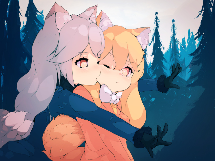 2girls animal_ear_fluff animal_ears bakadebiru biting blush bow bowtie coat commentary eyebrows_visible_through_hair ezo_red_fox_(kemono_friends) fox_ears fox_tail fur_trim gloves highres hug hug_from_behind kemono_friends long_hair long_sleeves multiple_girls necktie one_eye_closed orange_eyes orange_hair outstretched_arms outstretched_hand silver_fox_(kemono_friends) silver_hair tail