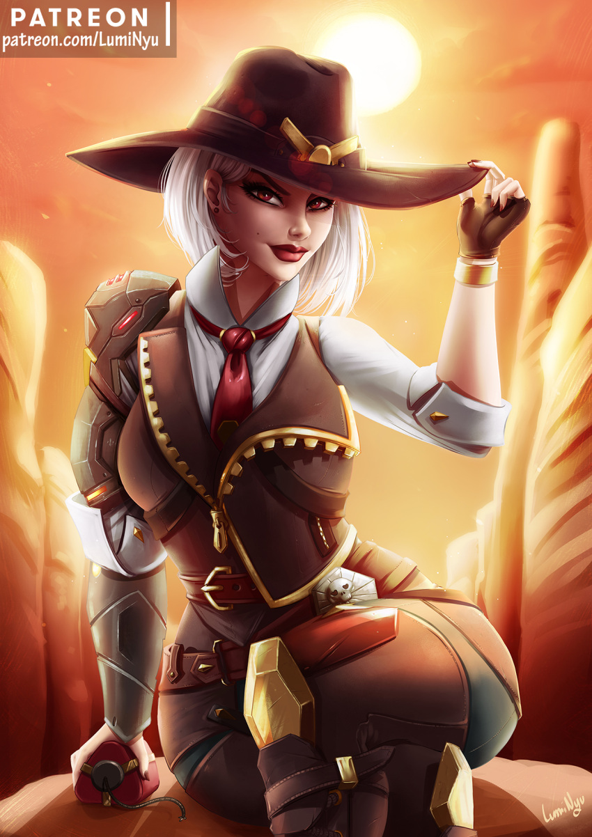 1girl artist_name ashe_(overwatch) asymmetrical_hair between_breasts black_gloves black_nails bowler_hat breasts chaps coattails contrapposto cowboy_hat cowboy_shot day dynamite eyeliner fingerless_gloves g gloves glowing glowing_eyes green_eyes gun hair_over_one_eye hat height_difference highres holding holding_dynamite lips lipstick looking_at_viewer luminyu makeup medium_breasts mole_above_mouth nail_polish necktie necktie_between_breasts outdoors overwatch pants patreon_username red_eyes sleeves_pushed_up slender_waist tattoo waistcoat weapon white_hair