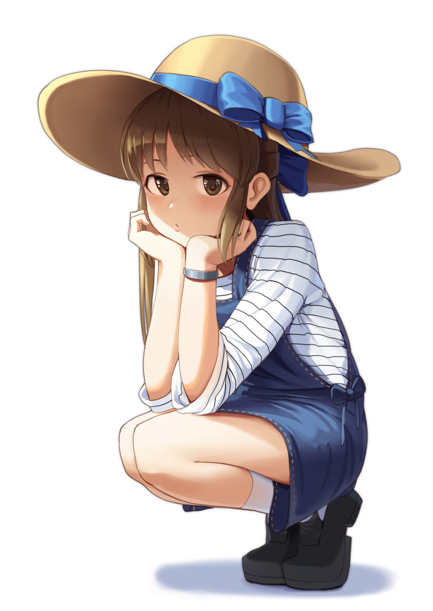 1girl absurdres black_footwear blue_ribbon blue_skirt bracelet brown_eyes brown_hair chin_rest closed_mouth commentary_request dress full_body goback hair_ribbon half_updo hands_up hat hat_ribbon highres idolmaster idolmaster_cinderella_girls jewelry loafers long_hair looking_at_viewer pinafore_dress ribbon shadow shirt shoes sidelocks simple_background skirt socks solo squatting striped striped_shirt sun_hat tachibana_arisu thighs white_background white_legwear white_shirt