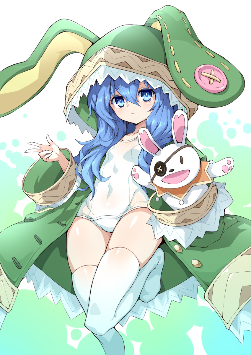 absurdres animal_ears animal_hood arm_up blue_eyes blue_hair coat date_a_live fake_animal_ears green_coat hand_puppet highres hood leg_up long_hair puppet rabbit_ears school_swimsuit shanyao_jiang_tororo standing standing_on_one_leg swimsuit swimsuit_under_clothes thigh-highs v white_legwear white_school_swimsuit white_swimsuit yoshino_(date_a_live)