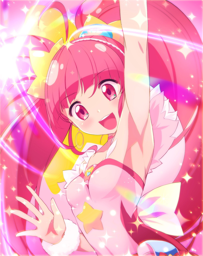 1girl :d ahoge arm_up armpits bangs blunt_bangs brooch commentary_request cure_star eyebrows_visible_through_hair hair_ornament highres hoshina_hikaru jewelry long_hair magical_girl miu_(umaru_katia_no_hito) open_mouth precure red_eyes redhead smile solo sparkle star star_hair_ornament star_twinkle_precure twintails