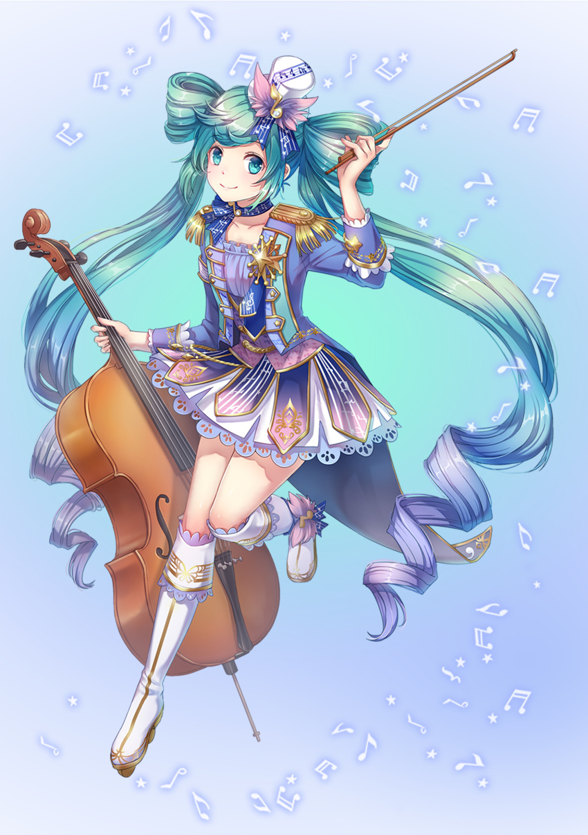 1girl absurdres blue_background blue_eyes blue_hair boots choker collarbone full_body gradient gradient_background gradient_hair hat hatsune_miku hatsune_speed:_hatsune_miku_roller_skating_music highres hiroshi_taeru_qwq holding holding_instrument instrument knee_boots looking_at_viewer miniskirt multicolored_hair musical_note shiny shiny_hair skirt smile solo two-tone_hair vocaloid white_footwear white_hat