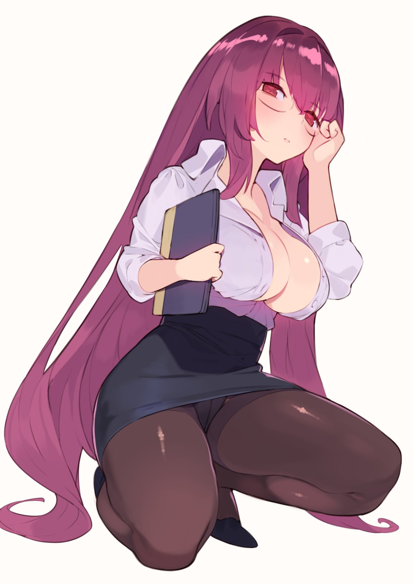 1girl adjusting_eyewear alternate_costume bespectacled breasts brown_legwear cleavage crotch_seam fate/grand_order fate_(series) full_body glasses hajime_(hajime-ill-1st) hand_up highres kneeling large_breasts long_hair looking_at_viewer miniskirt panties panties_under_pantyhose pantyhose partially_unbuttoned pencil_skirt purple_hair scathach_(fate)_(all) scathach_(fate/grand_order) sidelocks simple_background skirt solo thighband_pantyhose underwear very_long_hair violet_eyes