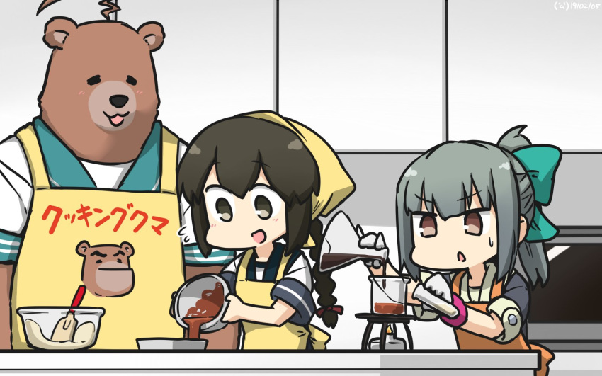 3girls ahoge animalization apron bandanna beaker bear black_eyes black_hair blue_sailor_collar bow bowl braid brown_eyes chocolate commentary_request dated erlenmeyer_flask grey_hair hair_between_eyes hair_bow hamu_koutarou highres huge_ahoge isonami_(kantai_collection) kantai_collection kuma_(kantai_collection) multiple_girls orange_apron ponytail sailor_collar school_uniform serafuku short_sleeves sidelocks standing test_tube twin_braids upper_body yellow_apron yuubari_(kantai_collection)