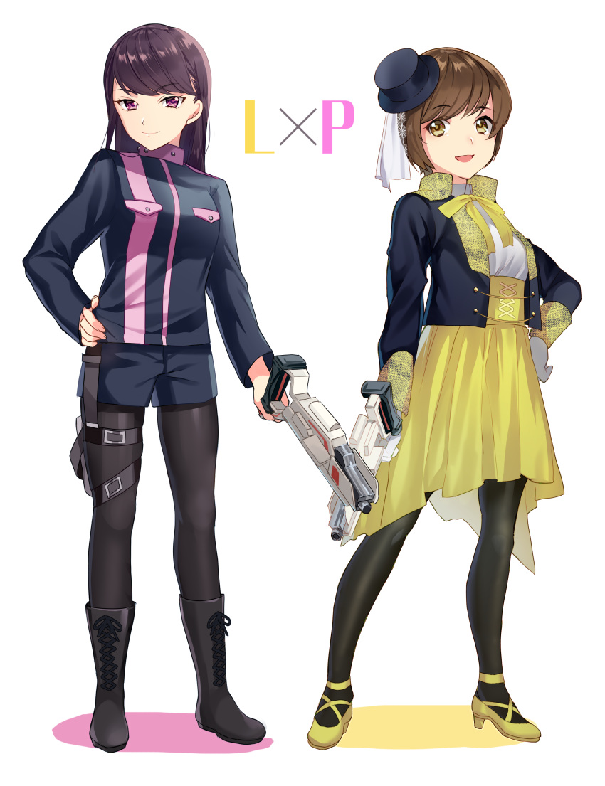 &gt;:) 2girls :d absurdres bangs black_footwear black_jacket black_shorts blue_hat boots bow breasts brown_eyes brown_hair brown_legwear closed_mouth colored_shadow commentary_request cross-laced_footwear derori eyebrows_visible_through_hair fingernails flower gloves gun hand_on_hip hat hayami_umika high-waist_skirt high_heels highres holding holding_gun holding_weapon jacket kaitou_sentai_lupinranger_vs._keisatsu_sentai_patranger lace-up_boots long_hair long_sleeves mini_hat mini_top_hat multiple_girls myoujin_tsukasa open_clothes open_jacket open_mouth pantyhose see-through shadow shirt shoes short_shorts shorts simple_background skirt small_breasts smile standing super_sentai tilted_headwear top_hat v-shaped_eyebrows violet_eyes vs_changer weapon white_background white_gloves white_shirt yellow_bow yellow_flower yellow_skirt