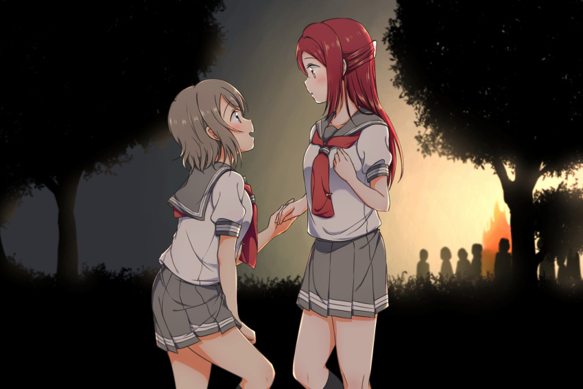 2girls blue_eyes blush bonfire grey_hair grey_skirt hair_ornament hairclip half_updo hand_holding hand_on_own_chest hand_on_own_leg highres long_hair looking_at_another love_live! love_live!_sunshine!! multiple_girls multiple_others neckerchief night outdoors pleated_skirt red_neckwear redhead sakurauchi_riko short_hair short_sleeves silhouette skirt smile squatting tie_clip tree watanabe_you yellow_eyes yuchi_(salmon-1000)