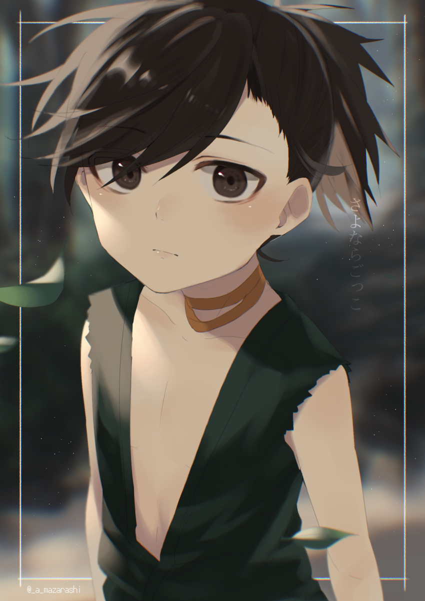 1girl :| absurdres androgynous black_eyes black_hair blurry blurry_background choker closed_mouth dororo_(character) dororo_(tezuka) flat_chest highres kiri_ph leaf looking_at_viewer messy_hair short_hair sleeveless solo twitter_username upper_body