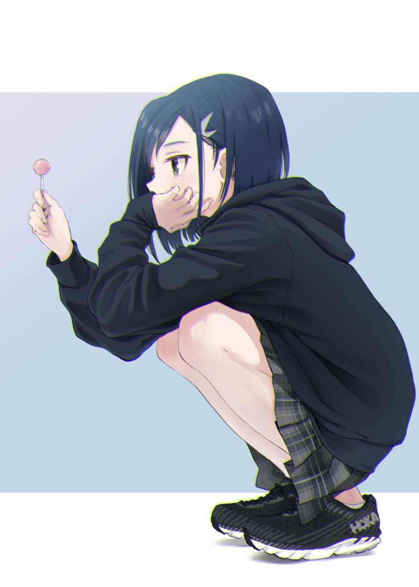 1girl blue_hair blush candy chin_rest commentary_request darling_in_the_franxx food green_eyes grey_skirt hair_ornament hairclip hand_on_own_cheek hasisisissy highres holding holding_food hood hood_down hoodie ichigo_(darling_in_the_franxx) lollipop long_sleeves plaid plaid_skirt pleated_skirt shoes short_hair simple_background skirt sleeves_past_wrists sneakers solo squatting