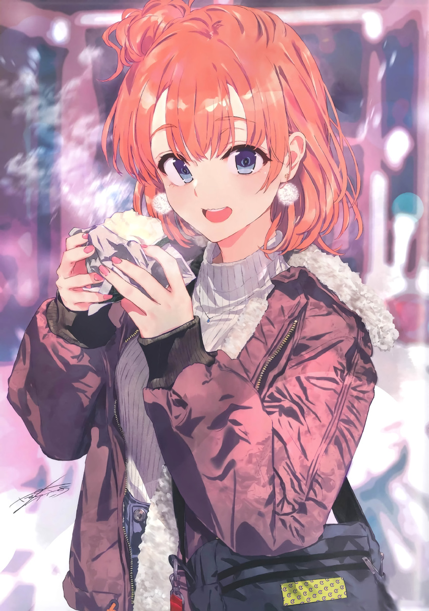 1girl :d absurdres bag blue_eyes brown_coat coat day eyebrows_visible_through_hair fur-trimmed_coat fur_trim grey_sweater hair_between_eyes hair_bun highres holding holding_bag jewelry long_sleeves nail_polish necklace open_clothes open_coat open_mouth orange_hair outdoors pink_nails ponkan_8 ribbed_sweater short_hair smile snowing solo standing sweater yahari_ore_no_seishun_lovecome_wa_machigatteiru. yuigahama_yui