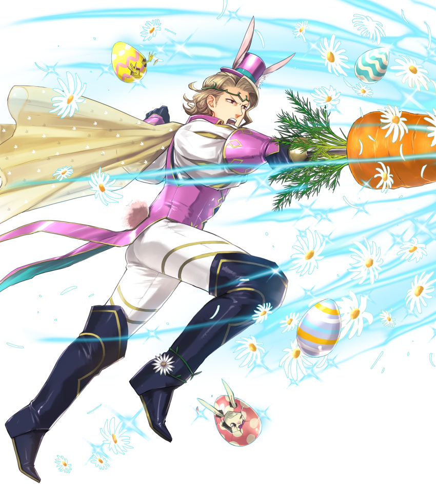 1boy alternate_costume animal_ears blonde_hair boots bunny_tail cape carrot easter_egg egg fire_emblem fire_emblem_heroes fire_emblem_if flower full_body gloves hat highres leaf male_focus marks_(fire_emblem_if) nintendo official_art open_mouth rabbit rabbit_ears red_eyes suekane_kumiko tail teeth tiara transparent_background
