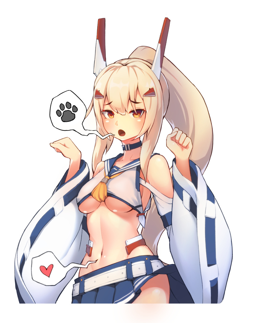 1girl :o absurdres arm_belt ayanami_(azur_lane) azur_lane bangs bare_shoulders belt blonde_hair blue_collar blue_sailor_collar blue_skirt breasts ce-_-3 collar crop_top detached_sleeves eyebrows_visible_through_hair hair_ornament headgear heart high_ponytail highres long_hair looking_at_viewer medium_breasts miniskirt navel neckerchief no_bra no_panties orange_eyes paw_pose paws pleated_skirt ponytail sailor_collar shirt sideboob sidelocks skirt skirt_flip sleeveless sleeveless_shirt solo speech_bubble stomach under_boob very_long_hair wide_sleeves