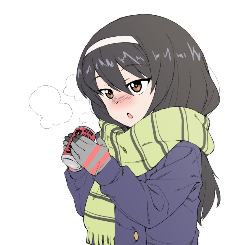 1girl bangs black_hair blue_coat blush breath brown_eyes can chestnut_mouth commentary fringe_trim girls_und_panzer gloves green_scarf grey_gloves hairband highres holding holding_can long_hair long_sleeves onsen_tamago_(hs_egg) open_mouth reizei_mako scarf simple_background soda_can solo striped striped_gloves striped_scarf upper_body white_background white_hairband