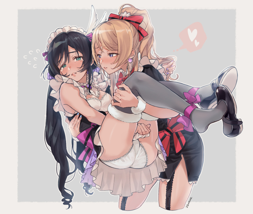 2girls apron ass ayase_eli black_hair black_legwear blonde_hair blue_eyes blush bow carrying commentary_request couple earrings embarrassed flying_sweatdrops frilled_apron frills fur_trim green_eyes highres jewelry love_live! love_live!_school_idol_project maid_headdress mogyutto_"love"_de_sekkin_chuu! multiple_girls panties parted_lips ponytail princess_carry tears thigh-highs toujou_nozomi twintails underwear white_panties yuri zawawa_(satoukibi1108)