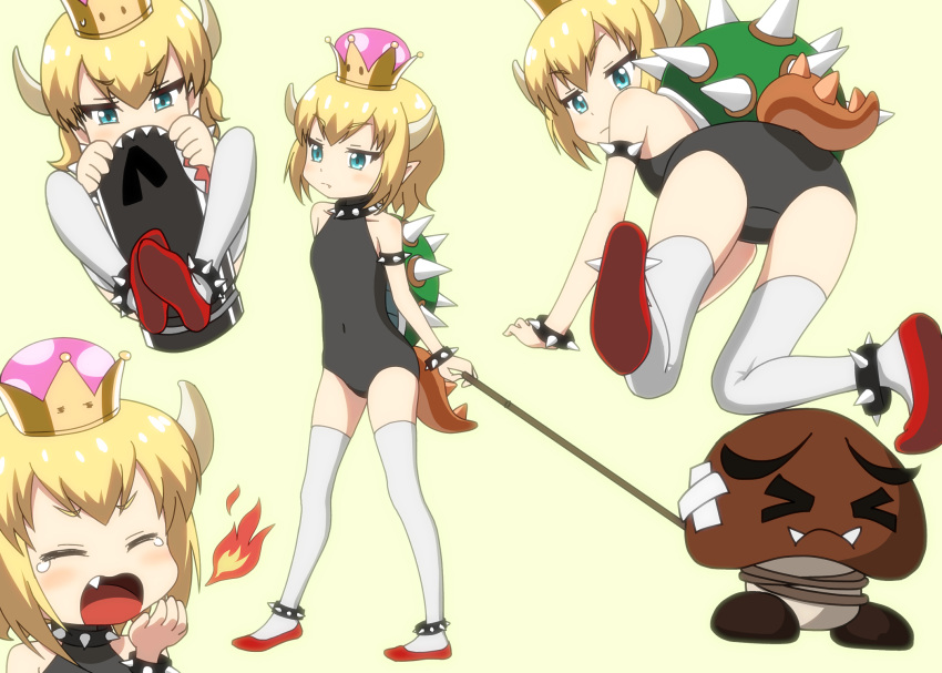 &gt;_&lt; 1girl all_fours bangs bare_shoulders black_collar black_leotard blonde_hair blue_eyes blush bowsette bracelet breathing_fire bullet_bill child collar covered_navel crown eyebrows_visible_through_hair fang fang_out fire goomba highres horns jewelry leotard looking_at_viewer looking_back super_mario_bros. multiple_views new_super_mario_bros._u_deluxe nintendo ogyadya pointy_ears red_footwear sharp_teeth short_hair spiked_anklet spiked_armlet spiked_bracelet spiked_collar spiked_shell spiked_tail spikes standing super_crown tail teeth thigh-highs turtle_shell tusks yawning younger
