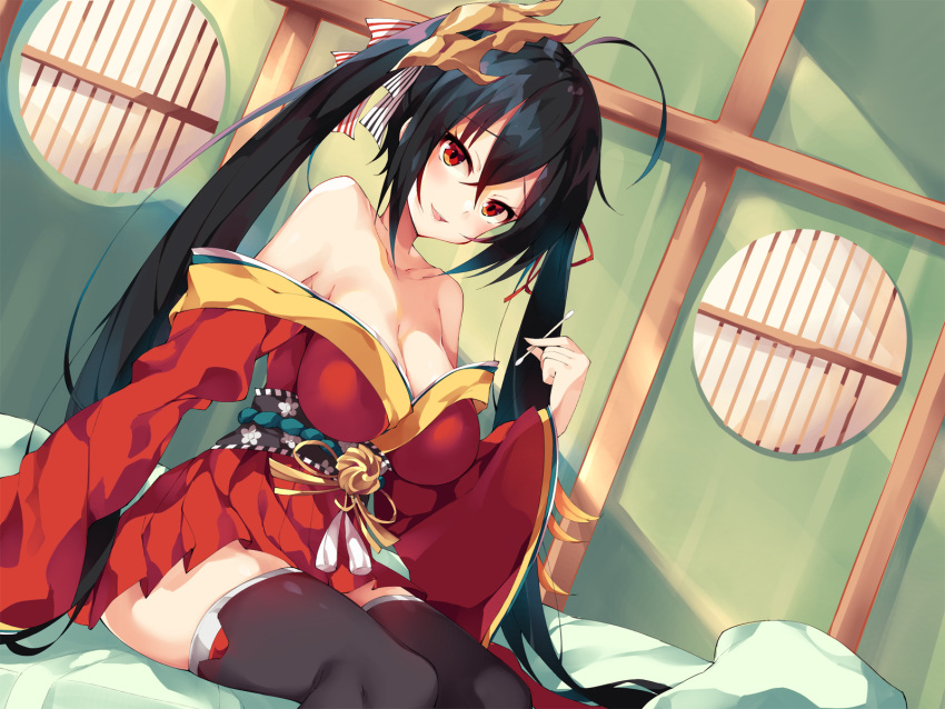 1girl :d ahoge arm_support azur_lane bangs bare_shoulders bed_sheet black_hair black_legwear blush breasts cleavage collarbone cover crossed_bangs hair_between_eyes hair_ribbon highres indoors japanese_clothes kimono large_breasts long_hair long_sleeves looking_at_viewer mask mask_on_head off_shoulder on_bed open_mouth pillow red_eyes red_kimono red_ribbon ribbon sitting smile solo taihou_(azur_lane) thigh-highs thighs tied_hair twintails unacchi_(nyusankin) very_long_hair wide_sleeves