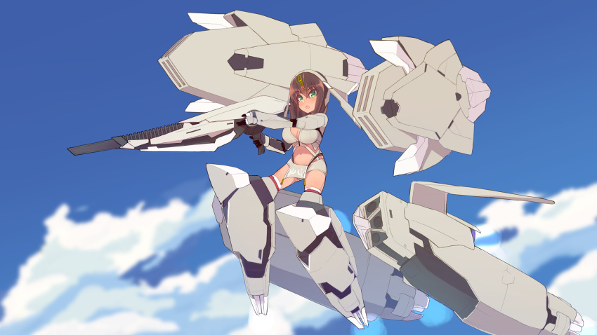 1girl alice_gear_aegis bangs black_gloves blue_sky blurry blurry_background breasts brown_hair cleavage clouds cloudy_sky commentary_request dark_skin day depth_of_field eyebrows_visible_through_hair flying gloves green_eyes gun hair_between_eyes highres holding holding_gun holding_weapon kaneshiya_sitara large_breasts maze_(gochama_ze_gohan) mecha_musume navel outdoors sky solo thigh-highs weapon