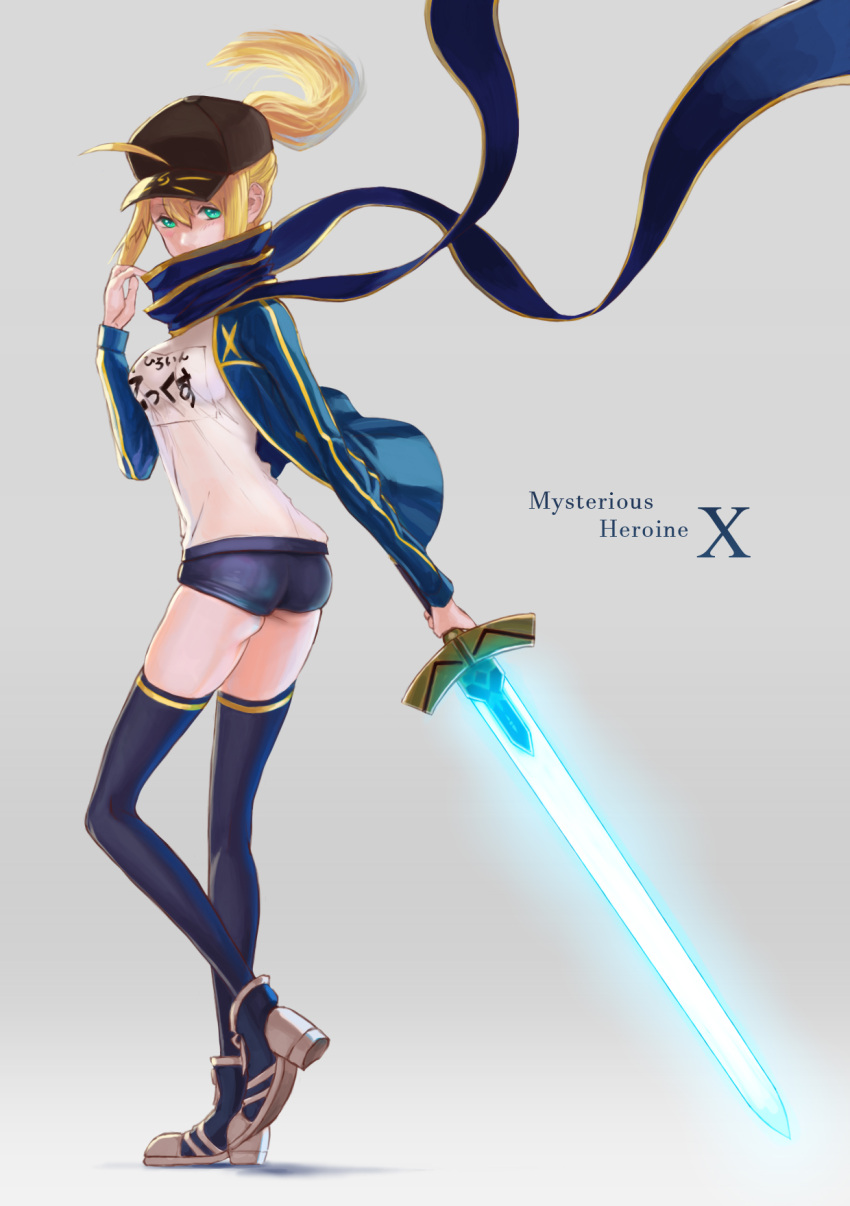 1girl ahoge artoria_pendragon_(all) black_hat blue_buruma blue_jacket blue_legwear blue_scarf buruma character_name excalibur fate/grand_order fate_(series) from_side full_body green_eyes grey_background gym_uniform hair_between_eyes hat higa-tsubasa highres holding holding_sword holding_weapon jacket long_sleeves looking_at_viewer mysterious_heroine_x open_clothes open_jacket peaked_cap scarf shirt simple_background solo standing sword thigh-highs weapon white_shirt