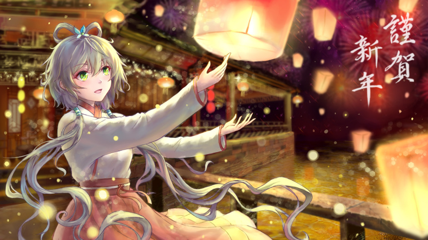 1girl alternate_costume architecture blush chinese_clothes chinese_new_year east_asian_architecture eyebrows_visible_through_hair green_eyes grey_hair hair_ornament hair_rings hair_tubes hanfu happy_new_year highres lantern long_sleeves luo_tianyi nengajou new_year night night_sky open_mouth rj_(lingshih10) short_hair short_hair_with_long_locks sidelocks sky sky_lantern solo translated upper_body vocaloid vocanese