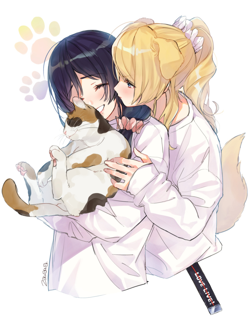 2girls ^_^ animal animal_ears artist_name ayase_eli black_hair blonde_hair blue_eyes blush calico cat closed_eyes closed_eyes copyright_name cropped_torso dog_ears dog_tail grin hair_ornament hair_over_shoulder hair_scrunchie hand_on_another's_arm highres holding holding_cat jealous kemonomimi_mode long_hair long_sleeves looking_at_another love_live! love_live!_school_idol_project low-tied_long_hair multiple_girls paw_print pink_scrunchie ponytail scrunchie shirt sidelocks smile tail toujou_nozomi upper_body white_background white_scrunchie white_shirt yuri zawawa_(satoukibi1108)