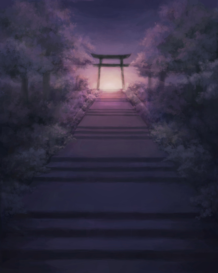 absurdres highres no_humans original outdoors purple purple_sky scenery stairs torii tree twilight yuunya2000