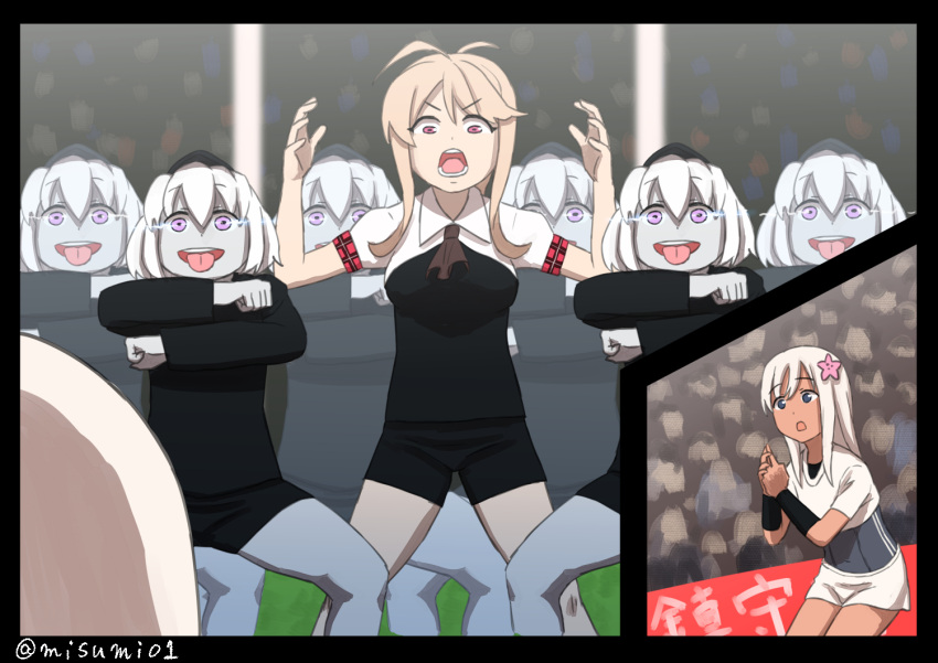 &gt;:q 6+girls achilles_(azur_lane) alternate_costume azur_lane blonde_hair engrish_commentary eyebrows_visible_through_hair glowing glowing_eyes haka_(dance) kantai_collection long_hair long_sleeves misumi_(niku-kyu) multiple_girls multiple_persona new_zealand_all_blacks open_mouth pink_eyes re-class_battleship ro-500_(kantai_collection) shinkaisei-kan short_sleeves sidelocks teeth tongue tongue_out violet_eyes white_hair