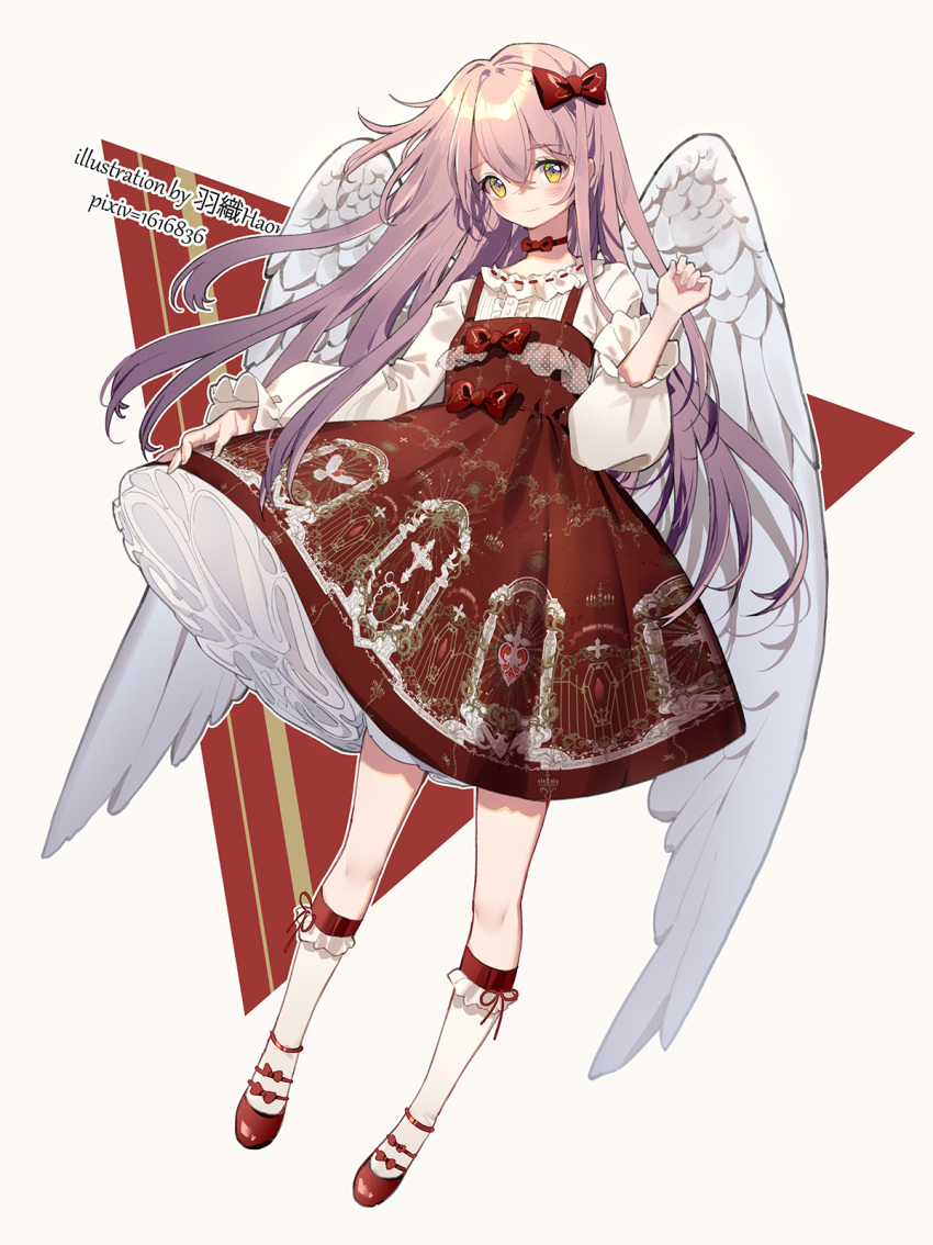1girl angel_wings artist_name bangs beige_background blush bow center_frills clenched_hand commentary_request crossed_bangs dress feathered_wings frilled_legwear frilled_shirt_collar frilled_sleeves frills full_body hair_between_eyes hair_bow hand_up highres kneehighs lolita_fashion long_hair long_sleeves looking_at_viewer original outline petticoat pinafore_dress pink_hair print_dress red_bow red_dress red_footwear ribbon_trim shirt shoes skirt_hold solo watermark white_legwear white_outline white_shirt wings yellow_eyes yuzhi