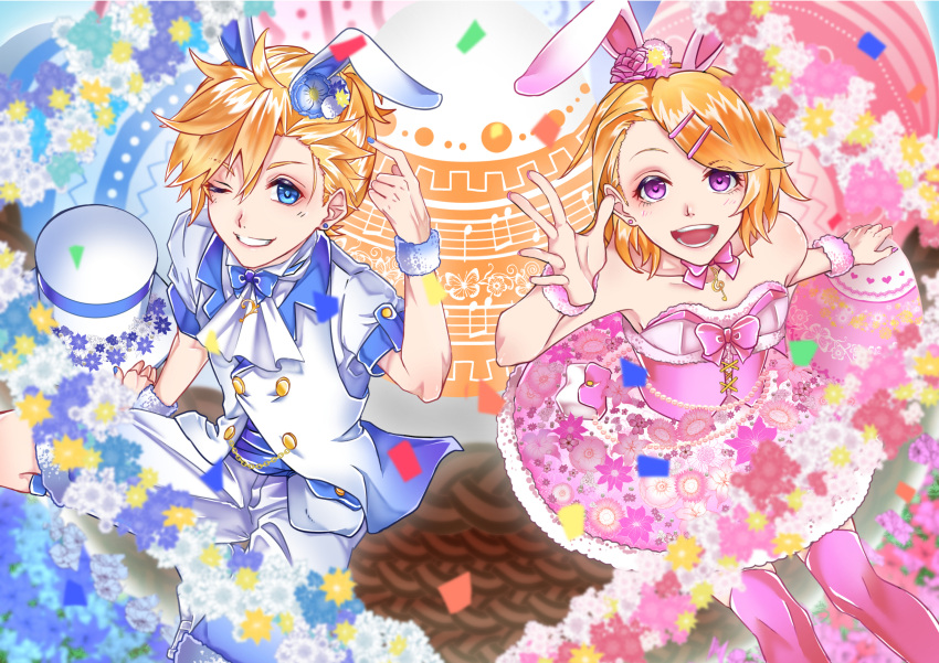 1boy 1girl :d absurdres alternate_eye_color animal_ears ascot blonde_hair blue_eyes blue_nails choker collarbone dress grin hat hazu_kichi0827 highres holding holding_hat huge_filesize kagamine_len kagamine_rin looking_at_viewer nail_polish one_eye_closed open_mouth pants pink_eyes pink_legwear pink_neckwear rabbit_ears short_dress short_hair short_sleeves smile strapless strapless_dress thigh-highs vocaloid white_hat white_neckwear white_pants wrist_cuffs zettai_ryouiki