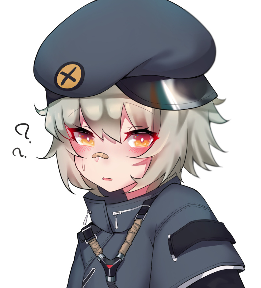 1girl ?? bandaid bandaid_on_nose blush girls_frontline grey_hair hat highres hs2000_(girls_frontline) jacket looking_at_viewer meow_nyang open_mouth portrait short_hair simple_background solo white_background yellow_eyes
