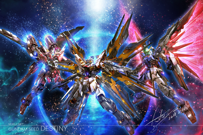 beam_rifle destiny_gundam earth energy_gun english_text eske glitter gundam gundam_seed gundam_seed_destiny highres infinite_justice_gundam mecha mechanical_wings no_humans shield signature space strike_freedom_gundam thrusters weapon wings