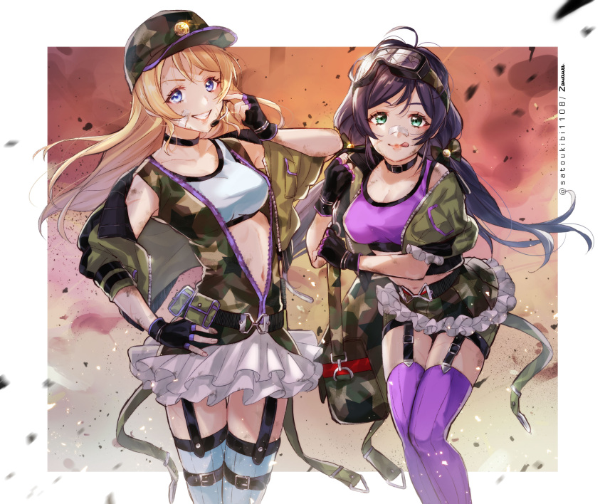 2girls ayase_eli bag bandaid bangs belt blonde_hair blue_eyes breasts camouflage choker cleavage commentary_request fingerless_gloves gloves goggles goggles_on_head green_eyes grin hair_down hat highres jacket large_breasts long_hair looking_at_viewer love_live! love_live!_school_idol_project low_twintails military military_hat military_jacket miniskirt multiple_girls navel purple_hair shoulder_bag signature skirt smile sports_bra thigh-highs toujou_nozomi twintails twitter_username zawawa_(satoukibi1108)