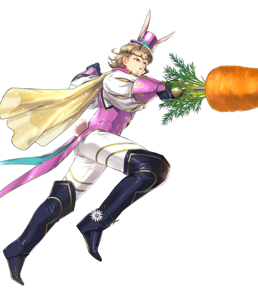 1boy alternate_costume animal_ears blonde_hair boots bunny_tail cape carrot fire_emblem fire_emblem_heroes fire_emblem_if flower full_body gloves hat highres leaf male_focus marks_(fire_emblem_if) nintendo official_art rabbit_ears red_eyes suekane_kumiko tail tiara transparent_background