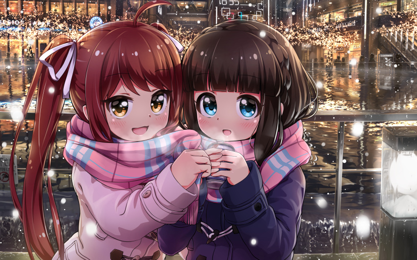 2girls absurdres ahoge asahina_kokomi battle_girl_high_school black_hair blush can coat commentary_request hair_ornament hasumi_urara heavy_breathing highres hime_cut lights long_hair looking_at_viewer multiple_girls open_mouth redhead reflection scarf short_hair snowing tamanegi_(12030028) twintails winter_clothes winter_coat yellow_eyes