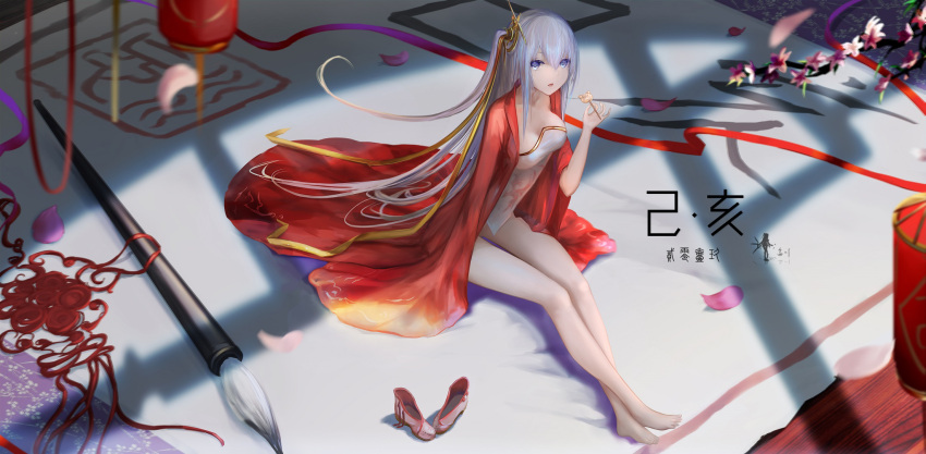 1girl bangs barefoot blue_eyes breasts calligraphy_brush candy cherry_blossoms cleavage dress food hair_between_eyes hair_ornament hair_ribbon highres holding lantern lollipop long_hair looking_at_viewer medium_breasts minigirl one_side_up open_clothes open_mouth original paintbrush petals ribbon shoes_removed silver_hair sitting solo strapless strapless_dress wangchuan_de_quanyan white_dress