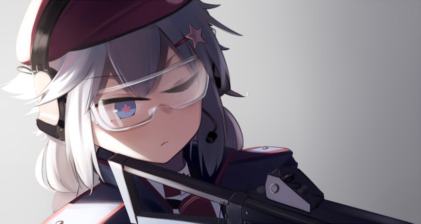 +_+ 1girl beret blue_eyes blue_jacket closed_mouth eyebrows_visible_through_hair flower-shaped_pupils girls_frontline grey_background grey_hair hair_ornament hat headphones hinami047 holding holding_weapon jacket long_hair looking_away necktie one_eye_closed open_clothes open_jacket ots-12 ots-12_(girls'_frontline) red_headwear russian_flag solo_focus soviet_flag star-shaped_pupils star_(symbol) star_hair_ornament symbol-shaped_pupils weapon
