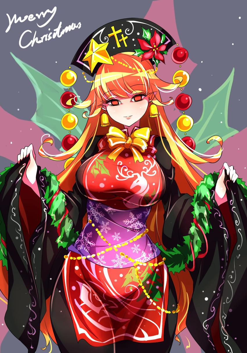 1girl absurdres blonde_hair breasts christmas christmas_ornaments commentary_request cross dress english_text eyebrows_visible_through_hair headdress highres junko_(touhou) large_breasts long_hair looking_at_viewer merry_christmas mistletoe no_nose ornament parted_lips pointy_ears raptor7 red_eyes ribbon sash smile snowflake_print snowing solo star_hat_ornament tabard touhou very_long_hair wavy_hair wide_hips wide_sleeves wreath